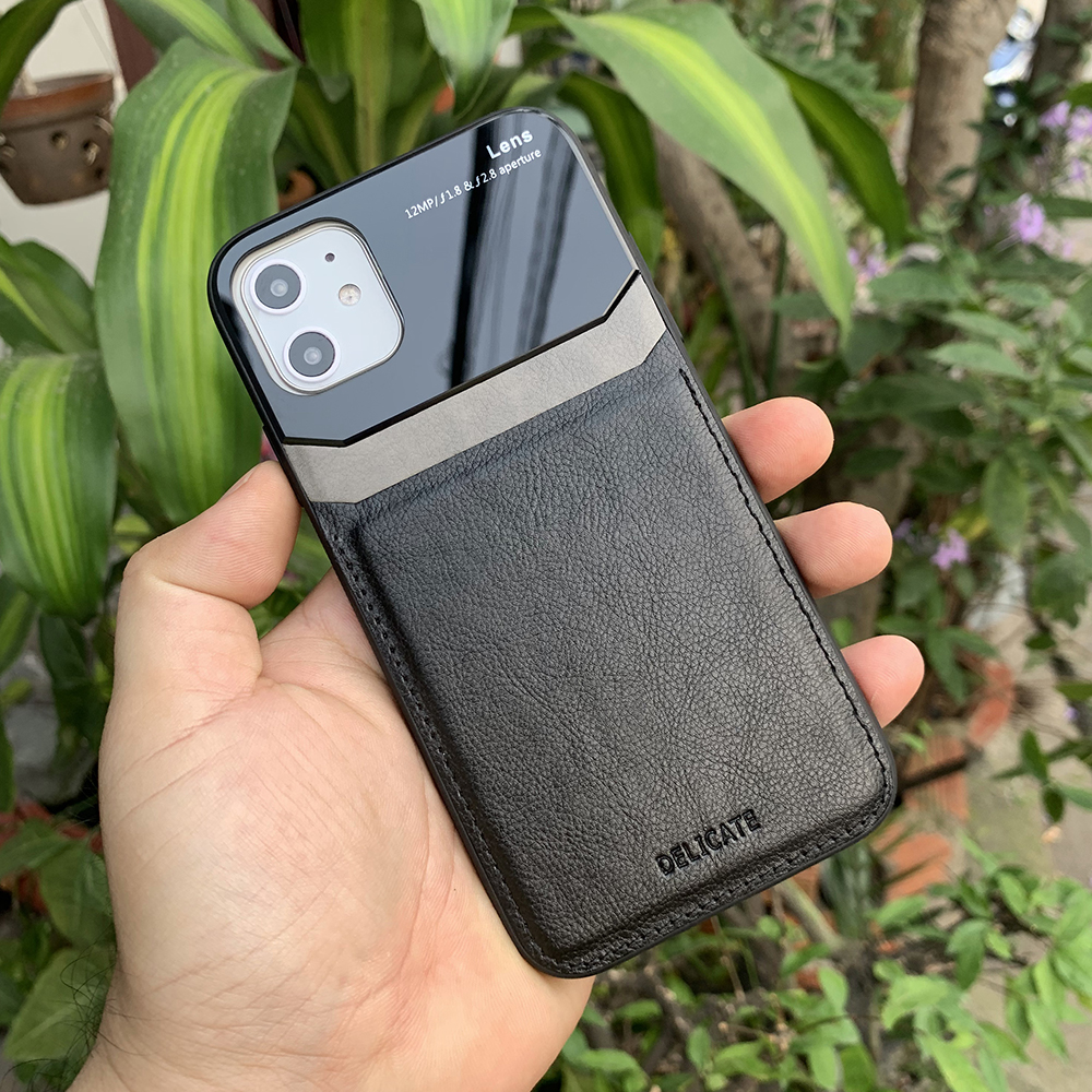 Ốp lưng da kính cao cấp dành cho iPhone 11 - Màu đen - Hàng nhập khẩu - DELICATE