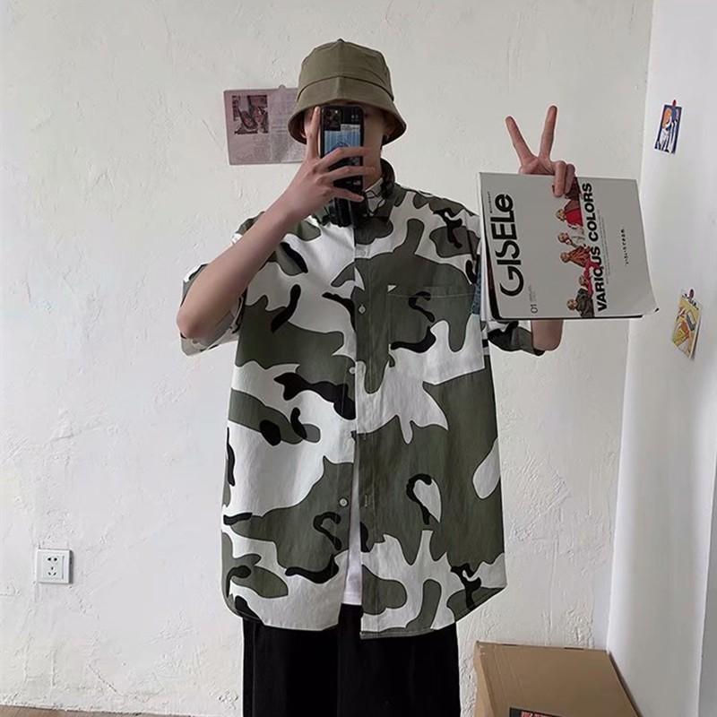 Áo sơ mi nam ngắn tay dáng rộng họa tiết rằn ri thời trang mùa hè thoải mái