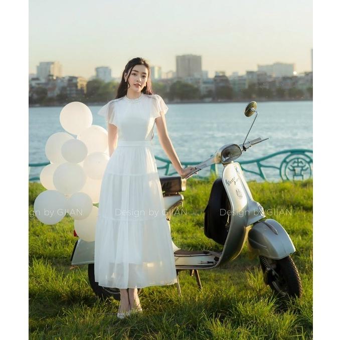 Đầm maxi voan 2 lớp cổ tròn đính cườm tay bèo xinh xắn
