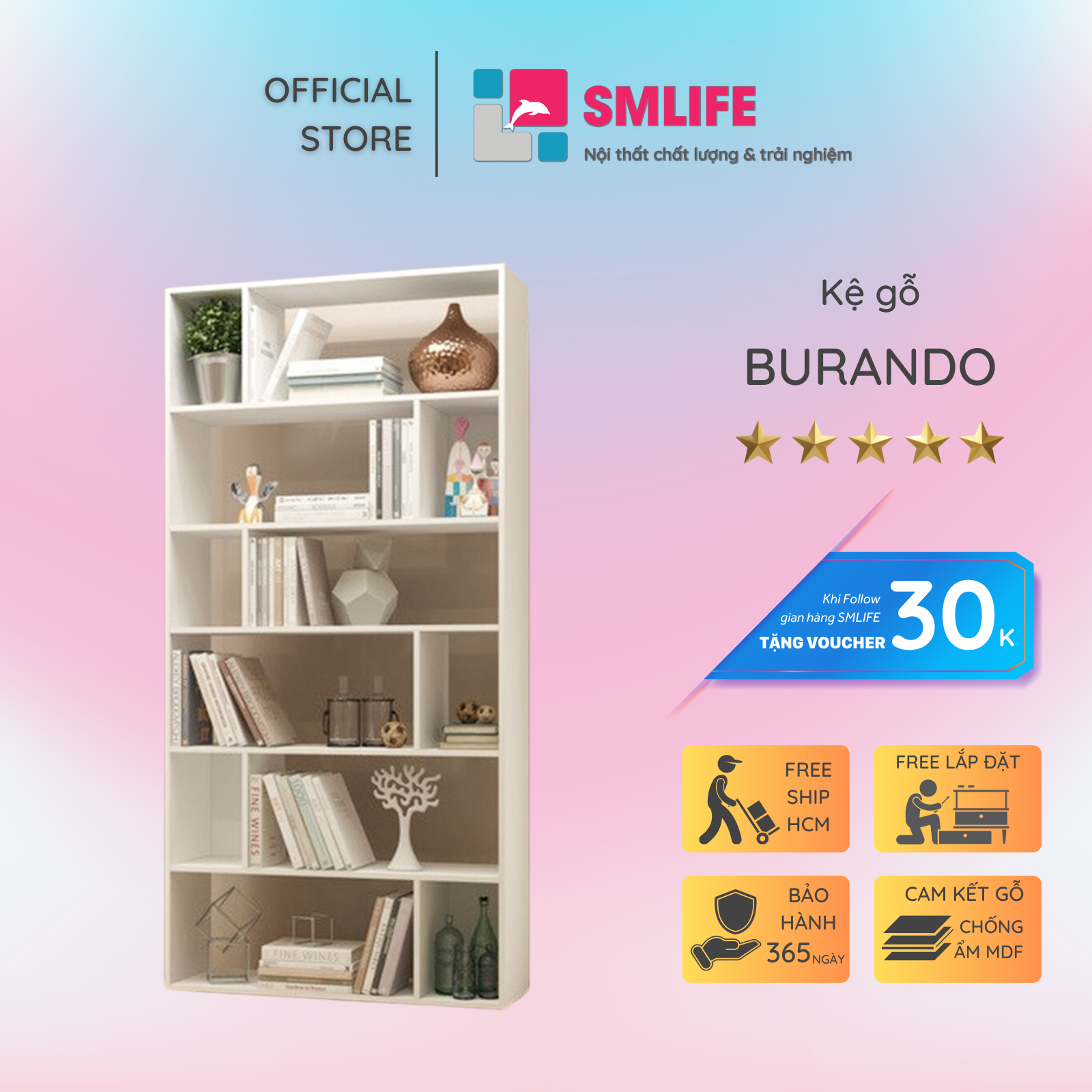 Kệ sách, kệ trang trí gỗ hiện đại SMLIFE Burando | Gỗ MDF dày 17mm chống ẩm | D90xR25xC190cm