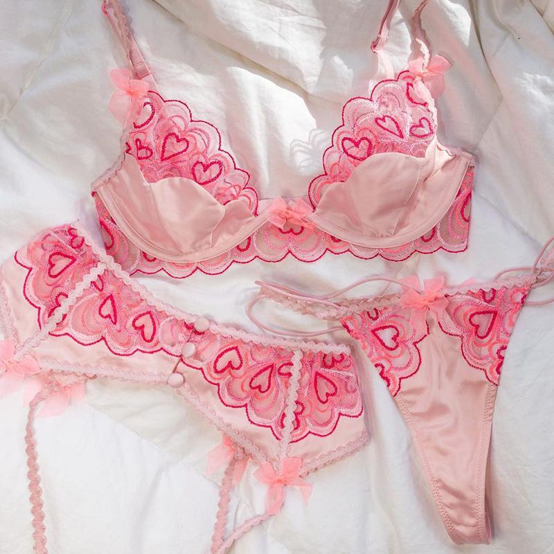 3 Ren Quần Lót Ren Nữ Thêu Hoa Bộ Áo Ngực Push Up Áo Bralette Nữ Đáng Yêu Màu Hồng Áo Ngực Và Quần Bộ tình Ái Quần Lót