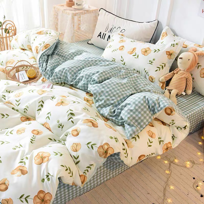 Bộ chăn ga gối cotton PL1 - Hoa Nâu - TẶNG 01 MÓC KHÓA HOUSTON