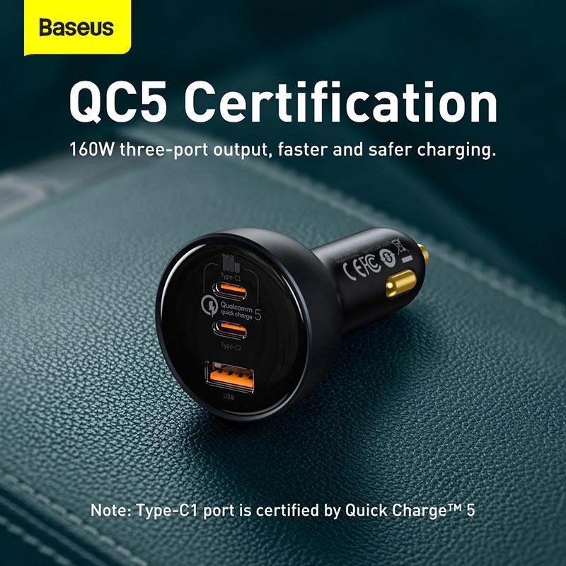 Tẩu Sạc Nhanh Công Suất Cao 160W Baseus Multi-Port Fast Charge Car Tặng Kèm Cáp C to C 100W (Quick Charge 5) (Hàng chính hãng)