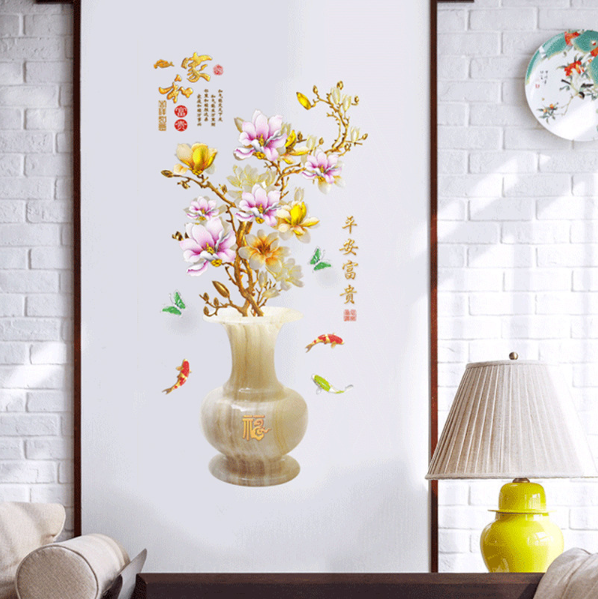 Decal trang trí tường - Bình Hoa Sứ hoa Mai Tím Vàng khoe sắc