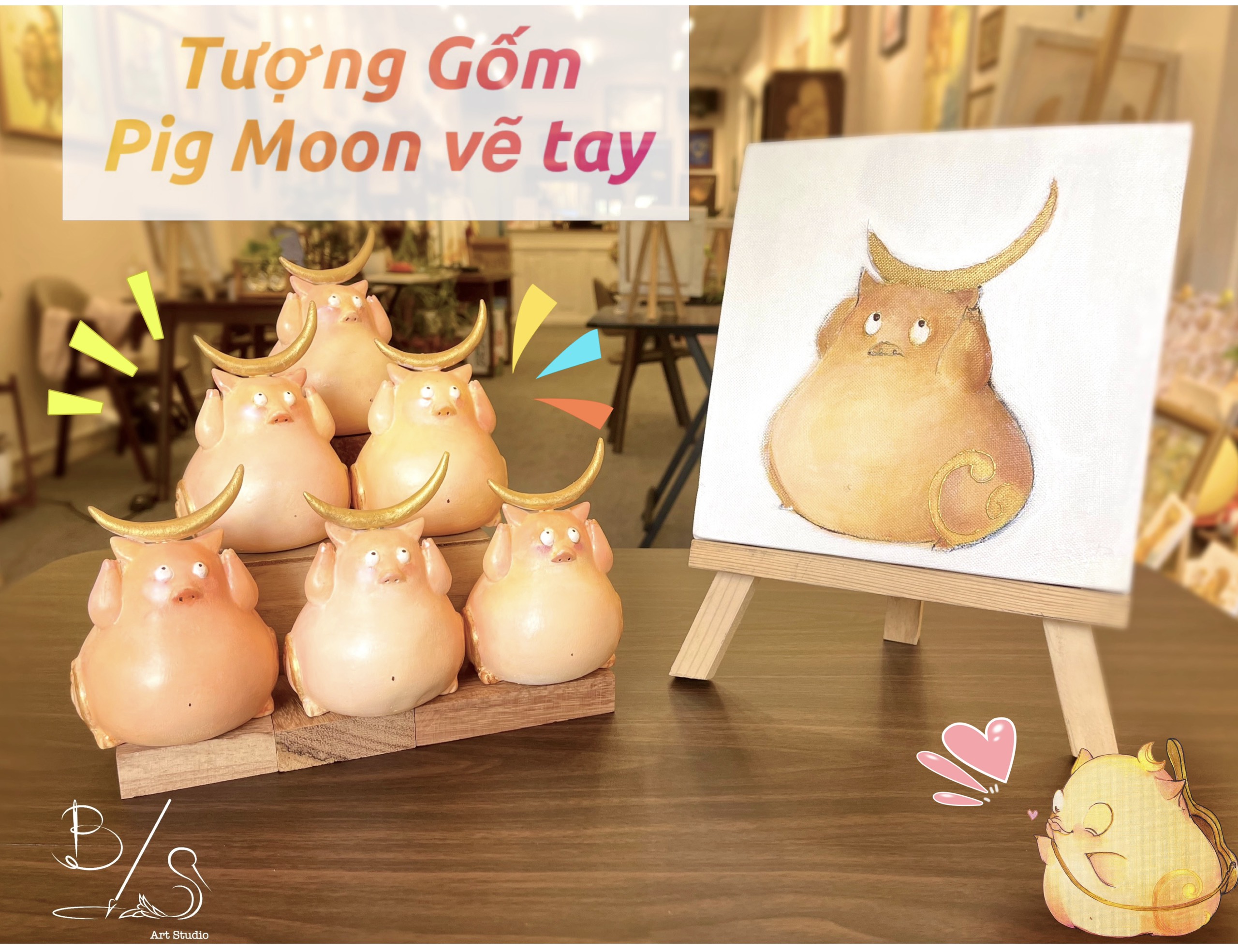 Tượng Gốm Thủ Công - Vẽ tay "Pig Moon"-Heo nhỏ nhặt Ánh Trăng Tri Thức-Tượng may mắn - trang trí dễ thương - Pig Moon Bookstore