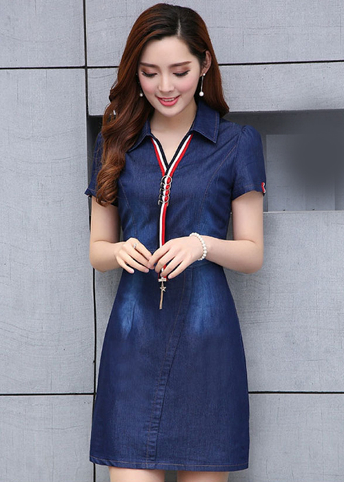 Đầm Jean Nữ Phối Sọc Cổ Sơ Mi Thời Trang