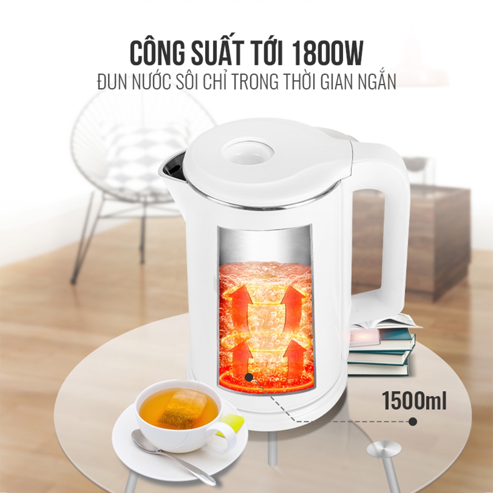 Ấm đun siêu tốc Elmich KEE-3868 (Mầu Trắng, Dung Tích 1,5 Lít, Công Suất 1800W) - Hàng Chính Hãng