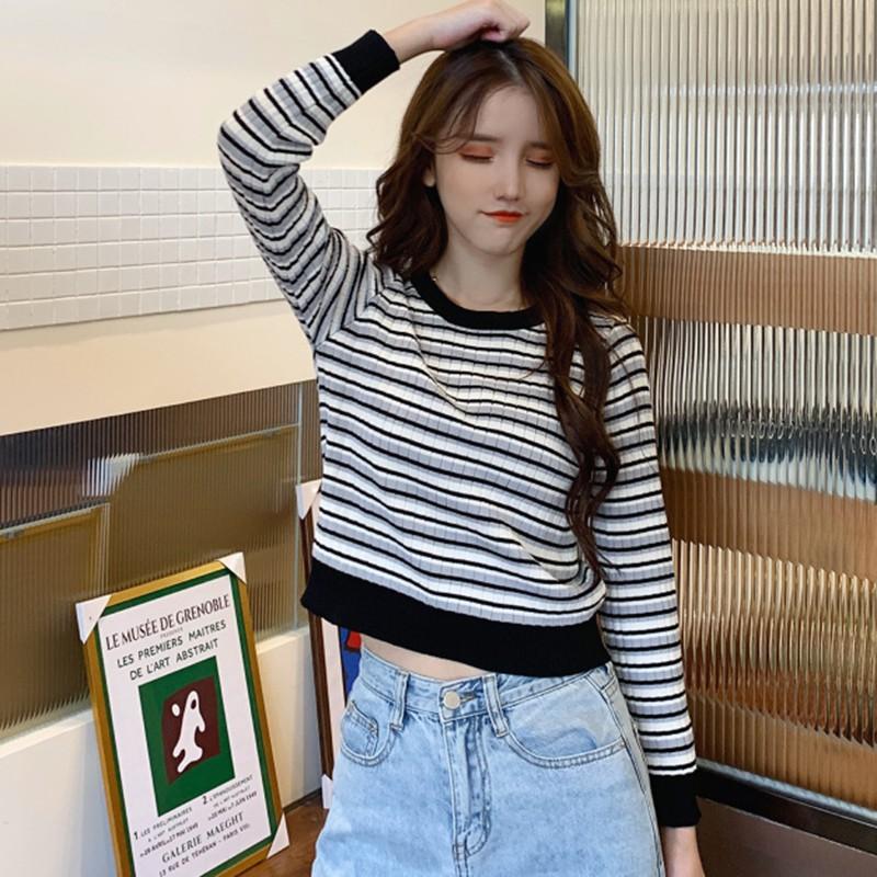 Áo Sweater Dệt Kim Tay Dài Hoạ Tiết Kẻ Sọc Màu Tương Phản Cho Nữ