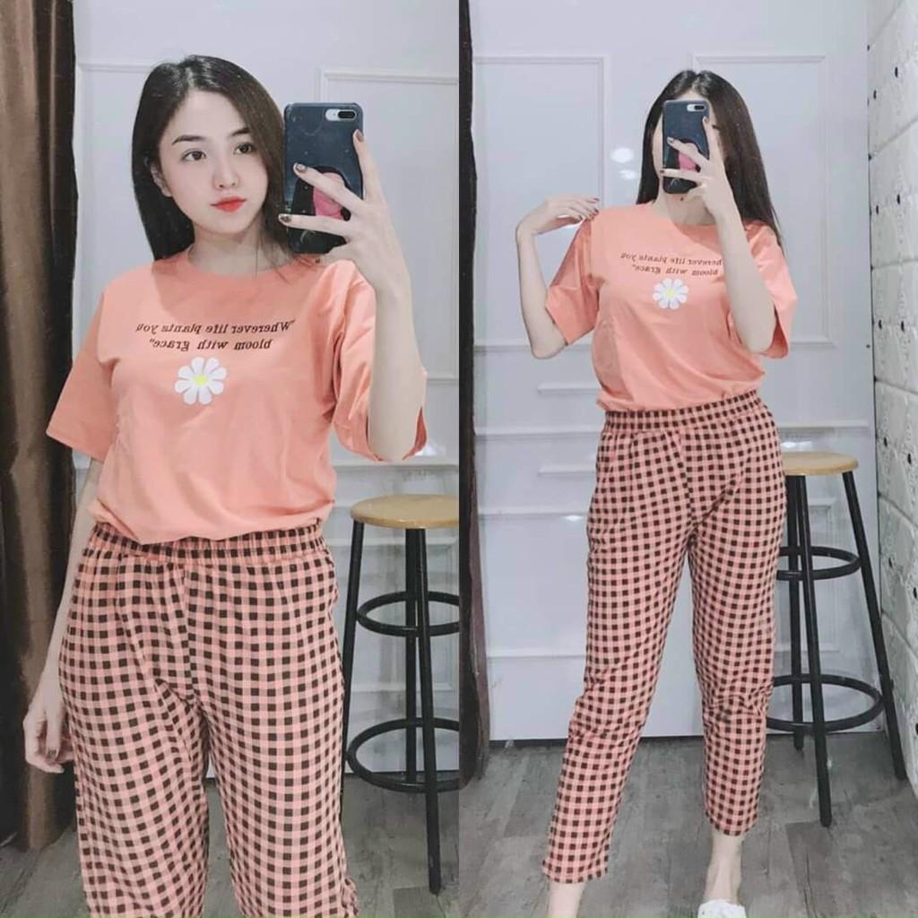 Đồ bộ nữ quần dài đồ mặc nhà đẹp caro hoa cúc thể thao Set đồ bộ thun cotton nữ bigsize trung niên 45 -85kg DB10 ESHOP
