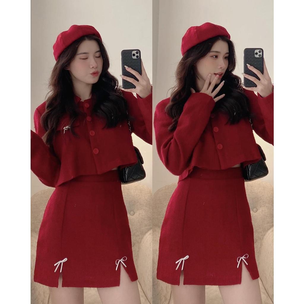 Set dạ tweed đỏ xẻ nơ tặng kèm mũ nồi