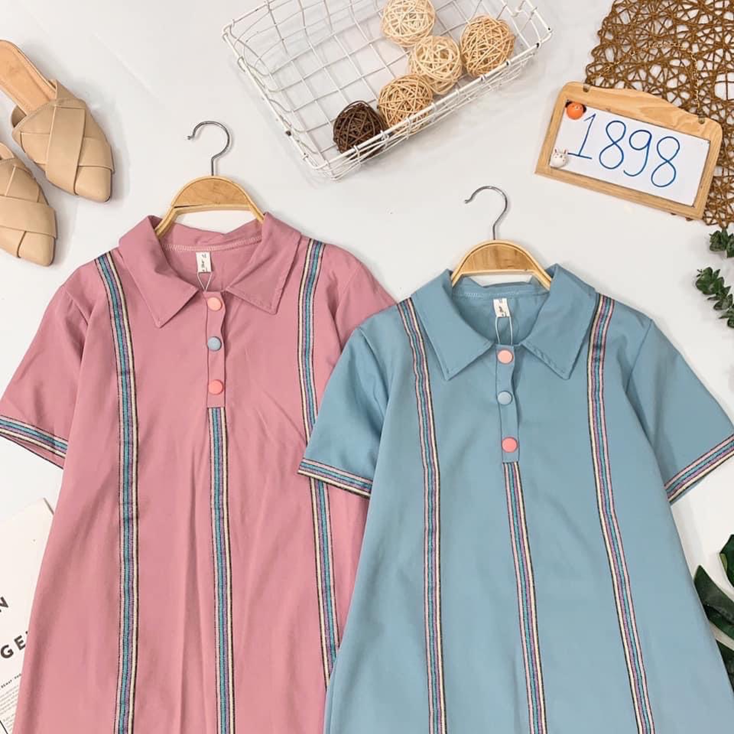 Đầm suông cổ sơ mi cài 3 nút màu trẻ trung