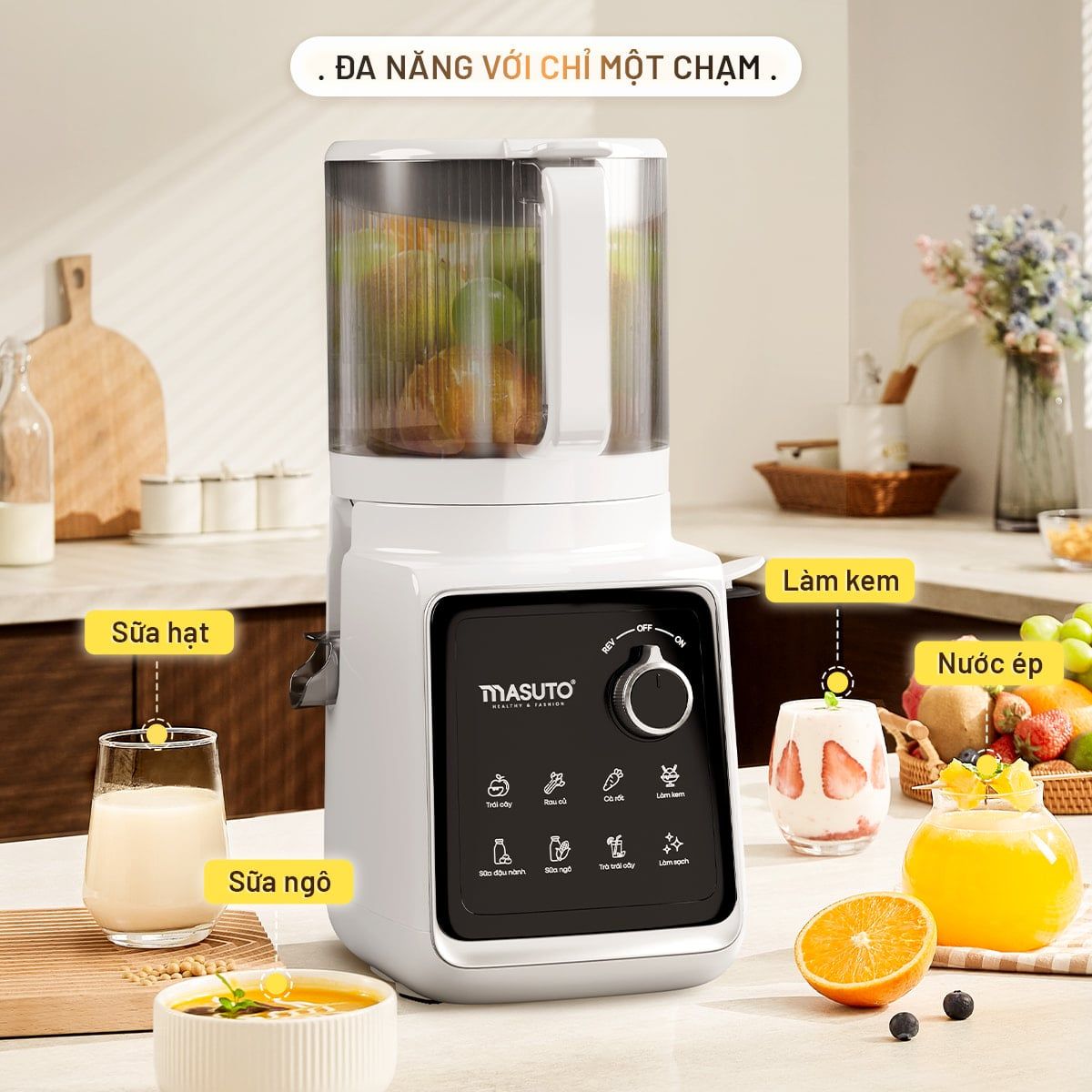 Máy Ép Chậm Trái Cây Làm Kem Toàn Năng 8in1 Masuto MSPrimeUltra, Công Suất 150W, Ống Tiếp Cực Đại 156mm, Ép Kiệt 99%, 8 Chế Độ Nấu - Hàng chính hãng