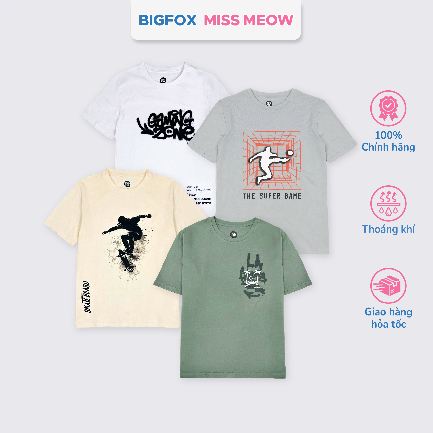 Áo cộc tay bé trai Bigfox Miss Meow size đại chất cotton in đẹp cỡ 12,13,14,15 tuổi 40kg 50kg