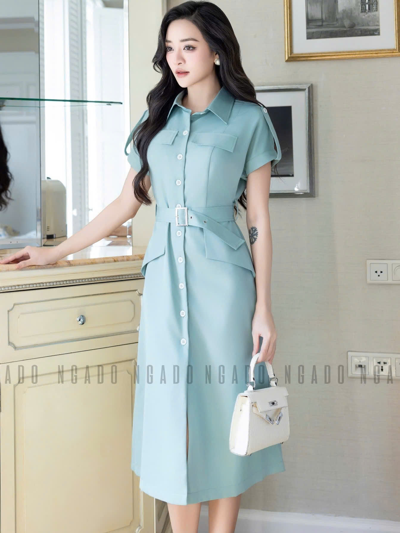 Đầm sơ mi xanh mint NGADO , đầm công sở , đầm dự tiệc