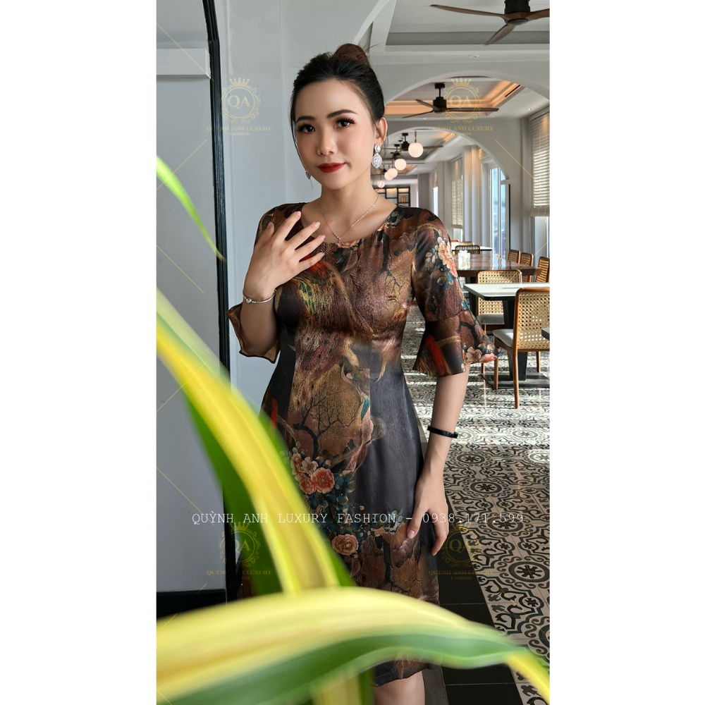 Váy Đầm Suông Hoa 3D Tone Nâu Loe Cao Cấp Vera Dress