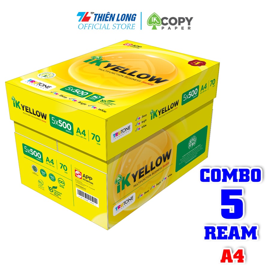 Combo 5 Ream giấy IK Yellow đa năng A4 70 gsm (500 tờ) - Hàng nhập khẩu Indonesia