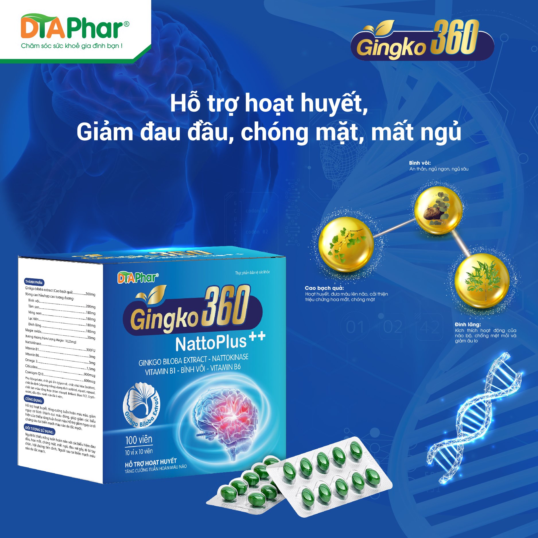 Viên uống hoạt huyết dưỡng não Ginkgo Biloba 360 Hỗ trợ giảm đau đầu hoa mắt chóng mặt tê bì chân tay rối loạn tiền đình Hộp 100 viên Tâm An Pharma