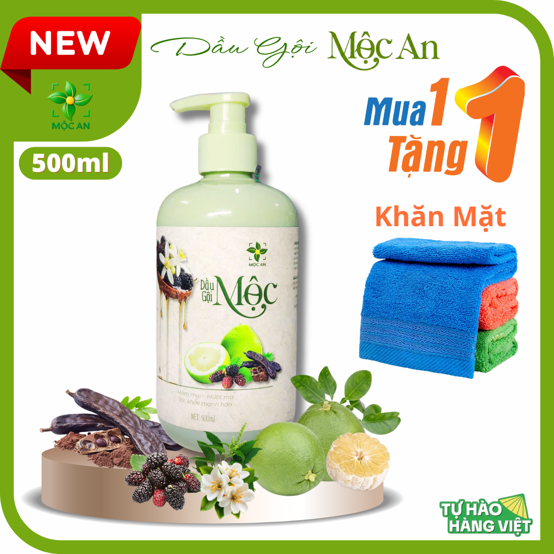 [MUA 1 TẶNG 1] Dầu Gội Giảm Rụng Tóc Thiên Nhiên MỘC Chiết Xuất Dầu Bưởi, Bồ Kết, Hương Nhu, Dâu Tằm Hỗ Trợ Mọc Tóc Giảm Rụng Tóc, Suôn Mượt Chai 500ml - Sản Phẩm MỘC AN