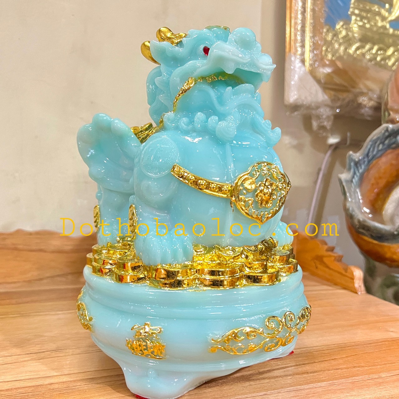 Com bo Tượng Tỳ Hưu phong thủy và tượng thiềm thừ phong thủy để bàn thờ thần tài – Màu xanh cỡ lớn
