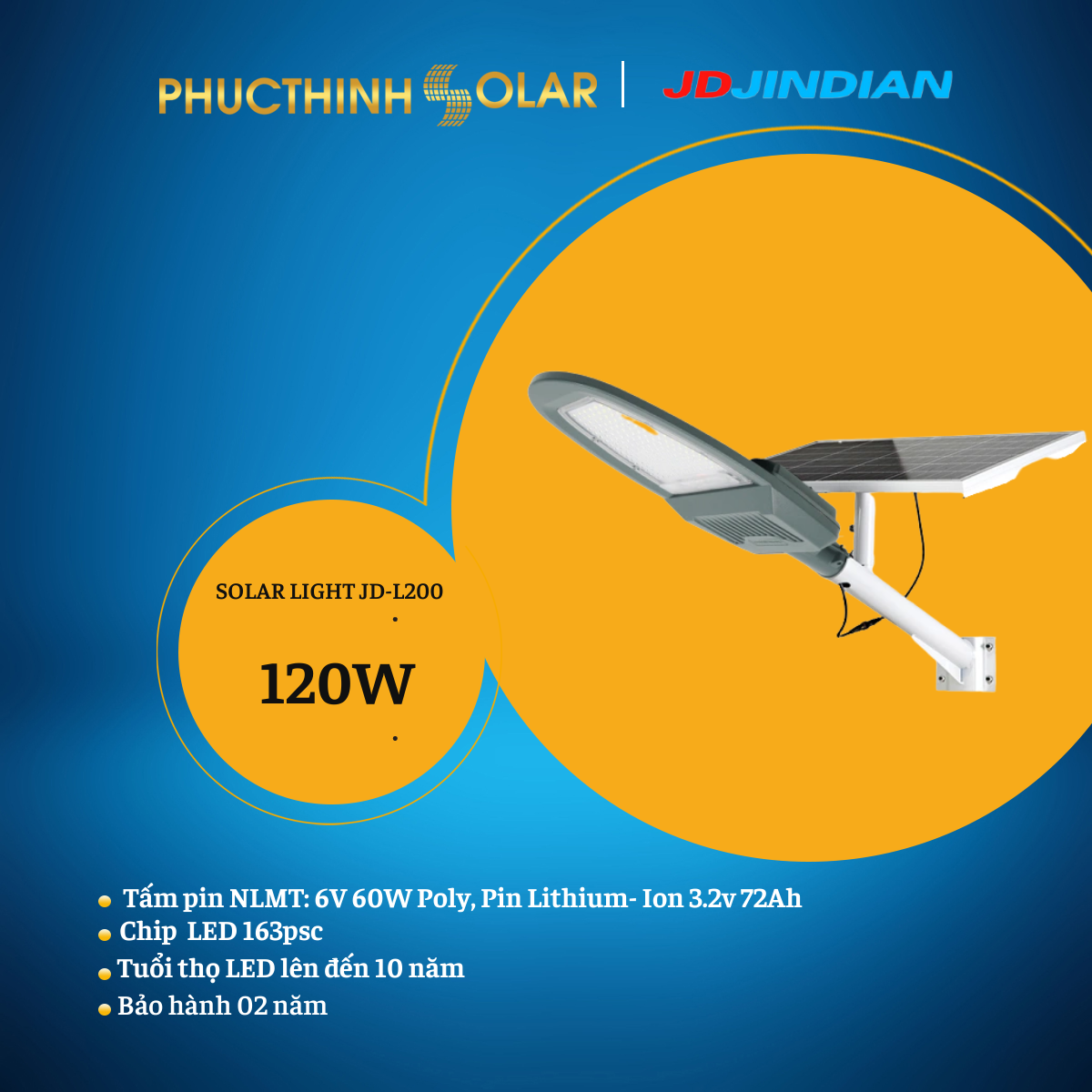 Đèn Đường Năng Lượng Mặt Trời 200W Jindian JD-L200 Hàng Chính Hãng | Phúc Thịnh Solar