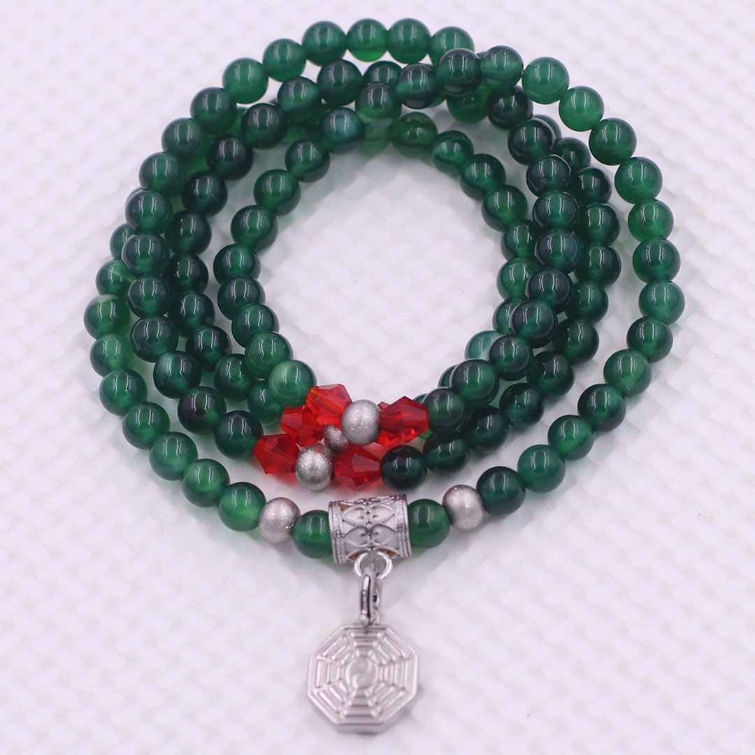 Vòng chuỗi 108 hạt đá thạch anh xanh lá 6 ly charm bát quái inox - vòng chuỗi niệm Phật, vòng tay chuỗi hạt