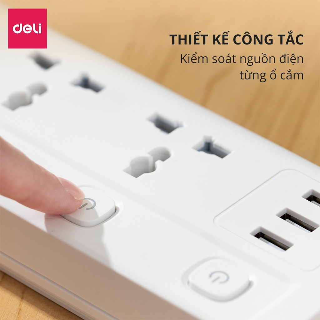 Ổ Cắm Điện Đa Năng DELI Sạc Nhanh TypeC USB PD20W 2-12 Ổ Vuông Dẹt Chịu Tải 2500W, Cầu Chì Tự Ngắt