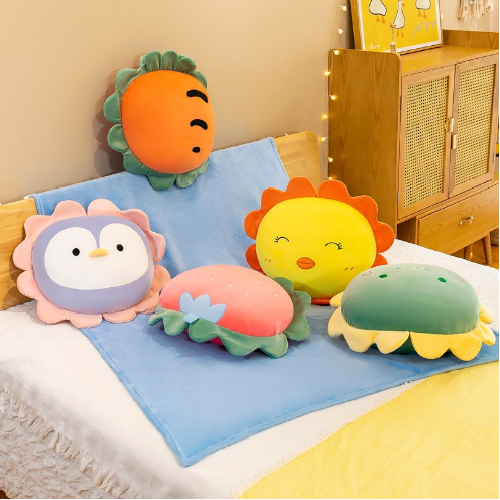 Gối Mền Hình Thú Viền Hoa 3 Trong 1 Chât Nỉ Nhung Cực Mịn, Bộ Chăn Gối Văn Phòng, Gấu Bông Kèm Mền.