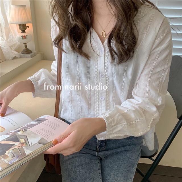 Áo sơ mi nữ tay dài NARII áo babydoll trắng Ulzzang Hàn Quốc cổ v