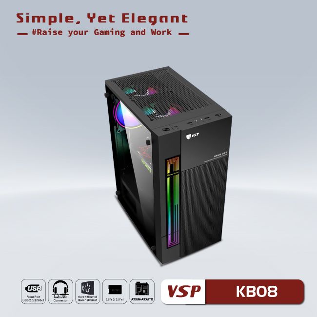 VỎ CASE MÁY TÍNH VSP - ESPORT GAMING KB08 CÓ SẴN LED RGB- JL - HÀNG CHÍNH HÃNG