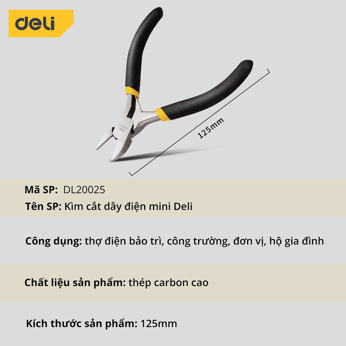 Kìm Cắt Dây Điện Mini Deli - Kềm Chất Liệu Thép Carbon Cao Cấp Chống Mòn Gỉ, Dài 125mm Nhỏ Gọn DL20025