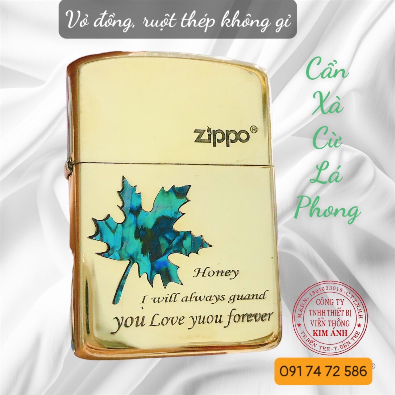 Bật lửa Zip po Brass đồng, Armor vỏ dầy khắc chìm cẩn xà cừ mẫu lá phong, vỏ đồng ruột thép không gỉ