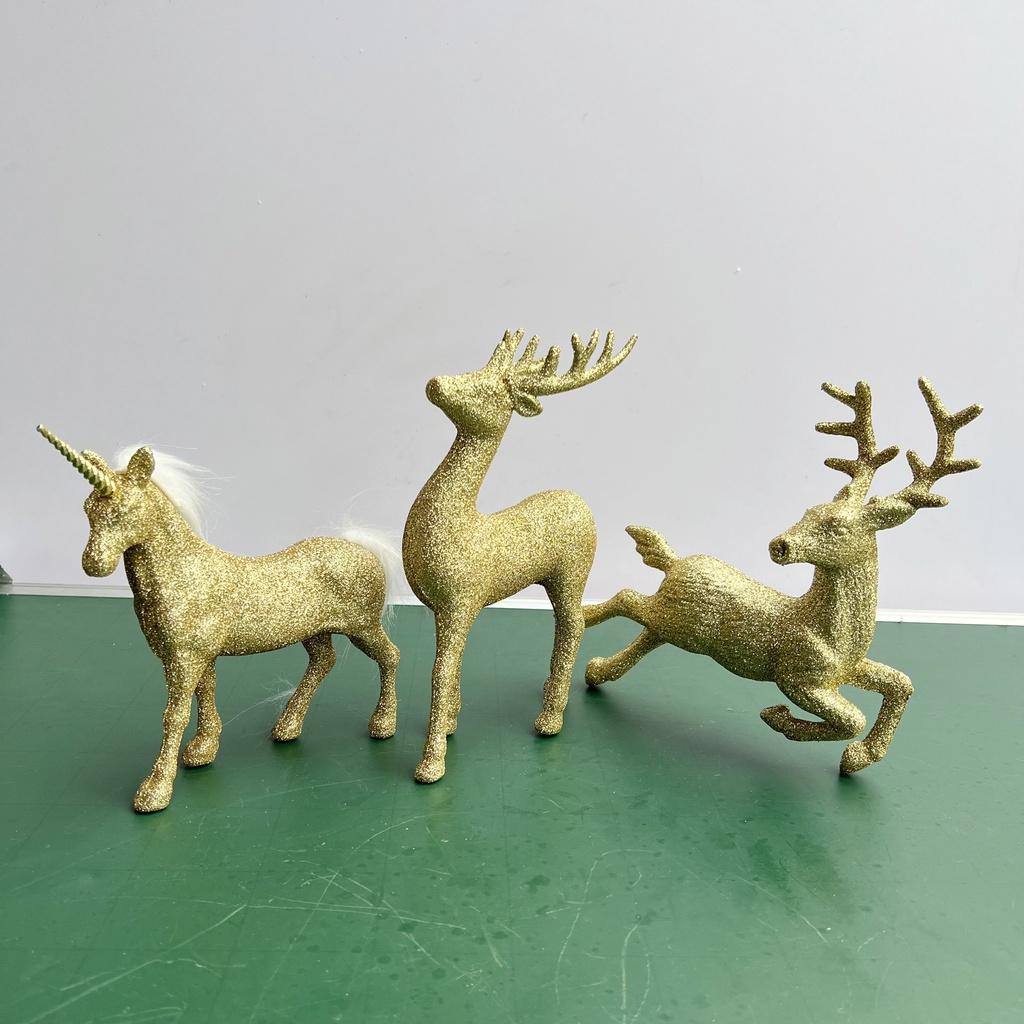 Mô hình tuần lộc đứng, ngựa 1 sừng, hươu bay phủ nhũ vàng decor trang trí Giáng sinh, treo cây thông Noel