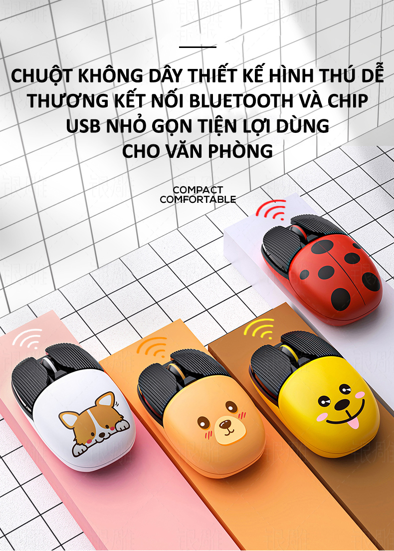 Chuột không dây A10 thiết kế nhỏ gọn in hình thú cưng dễ thương kết nối bằng Bluetooth và chip USB tiện lợi dùng cho văn phòng, chơi game - Hàng Chính Hãng