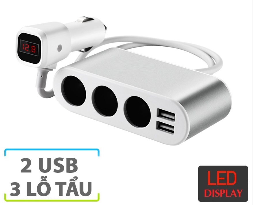 Cóc sạc nhanh xe ô tô 3 cổng tẩu và 2 cổng usb có đèn led hiển thị