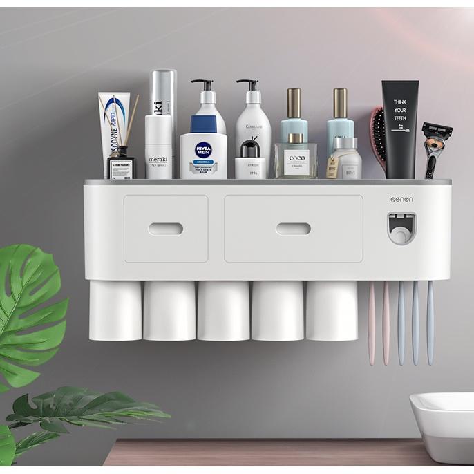 Bộ Nhả Kem 5 Cốc Treo Bàn Chải Đánh Răng Dán Tường Siêu Chắc