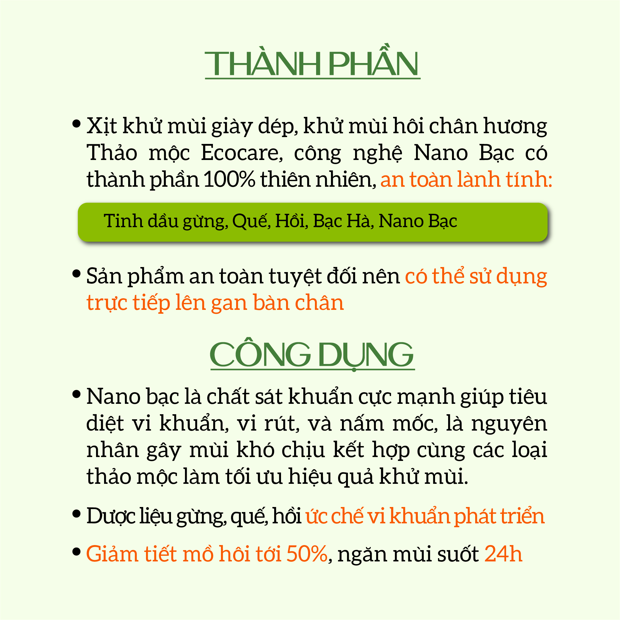 Xịt Khử Mùi Giày Dép ECOCARE 50ml Công Nghệ Nano Bạc, Khử Mùi Hôi Chân Hương Thảo Mộc Đã Qua Kiểm Định