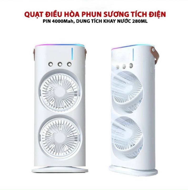 Quạt Phun Sương, Quạt Hơi Nước 2 Tầng Có Remote , Quạt Tích Điện, Đèn Led, Quạt Để Bàn Mini Làm Mát Và Tạo Ẩm Không Khí - Hàng Nhập Khẩu