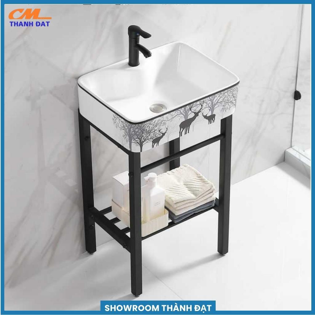 Chậu rửa mặt, bồn rửa mặt, lavabo đặt bàn vuông hoa văn con nai rừng