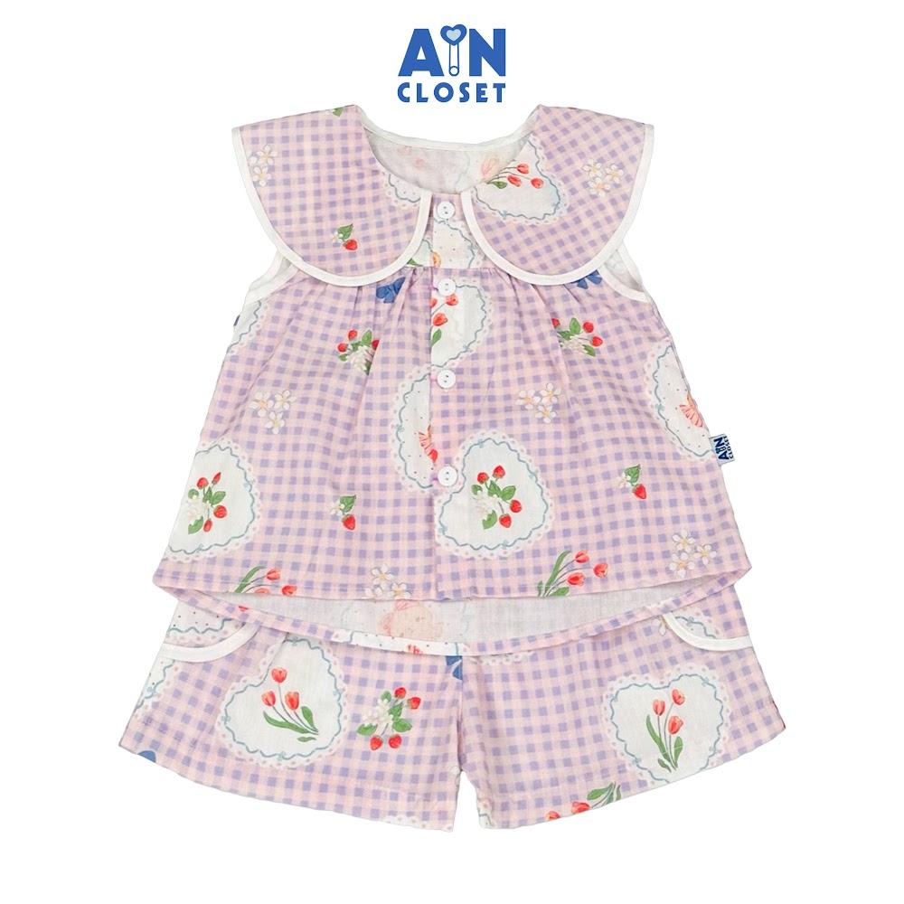 Bộ quần áo Ngắn bé gái họa tiết Caro Dâu Tím cotton - AICDBGYPAZBO - AIN Closet