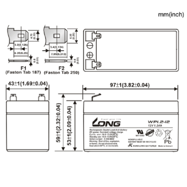 Ắc Quy Kín Khí (VRLA AGM) LONG 12V-1.2Ah (20HR), WP1.2-12, F1