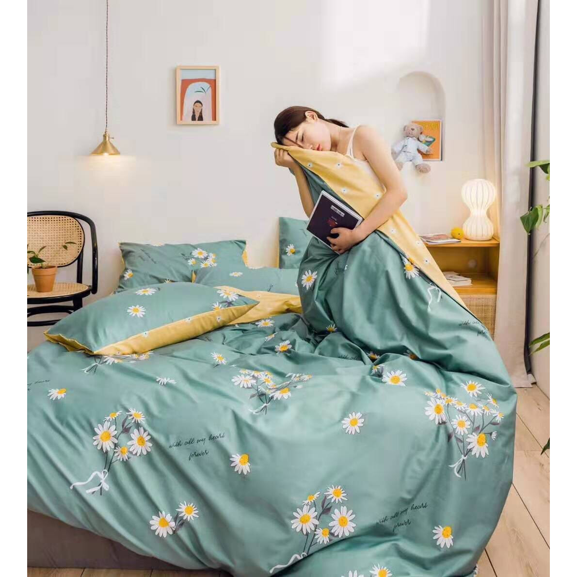 Bộ Drap & Chăn Phao 5 Món Cotton Poly Cúc Họa Mi