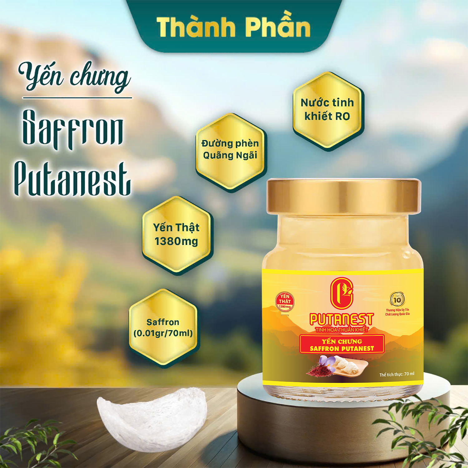 Yến chưng Saffron PUTANEST hộp quà tặng cao cấp 12 hũ 70ml bổ dưỡng đẹp da ngừa lão hoá