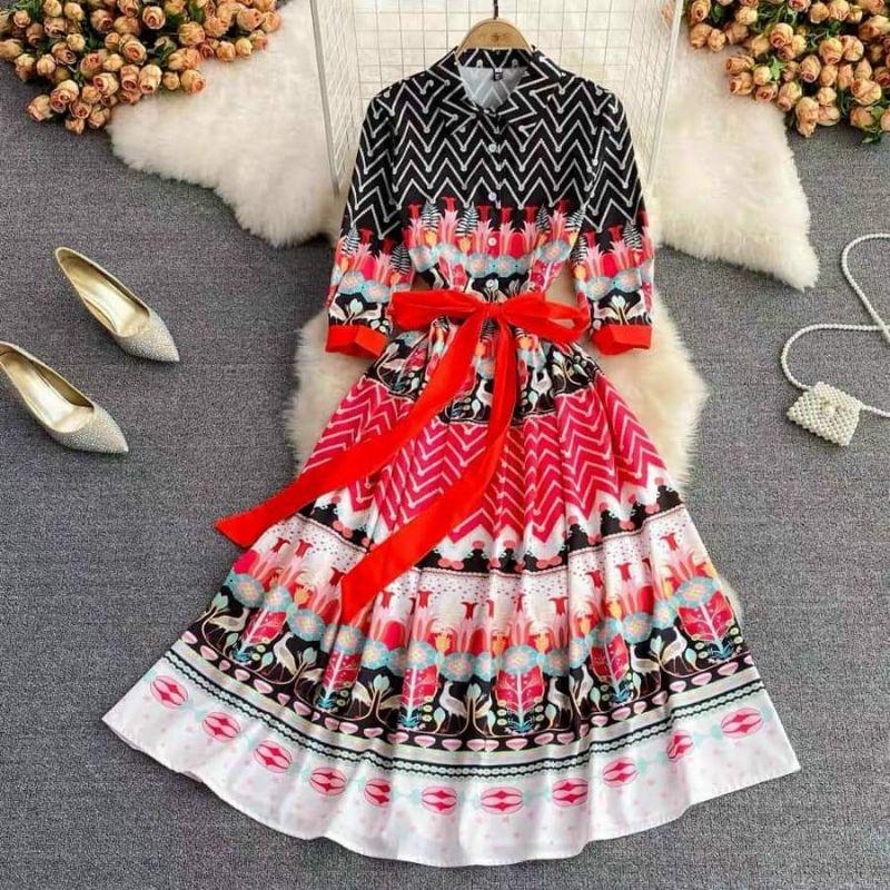 HÀNG NHẬP - ĐẦM XÒE LỤA IN HOA VĂN CỔ SƠ MI EO BUỘC DÂY