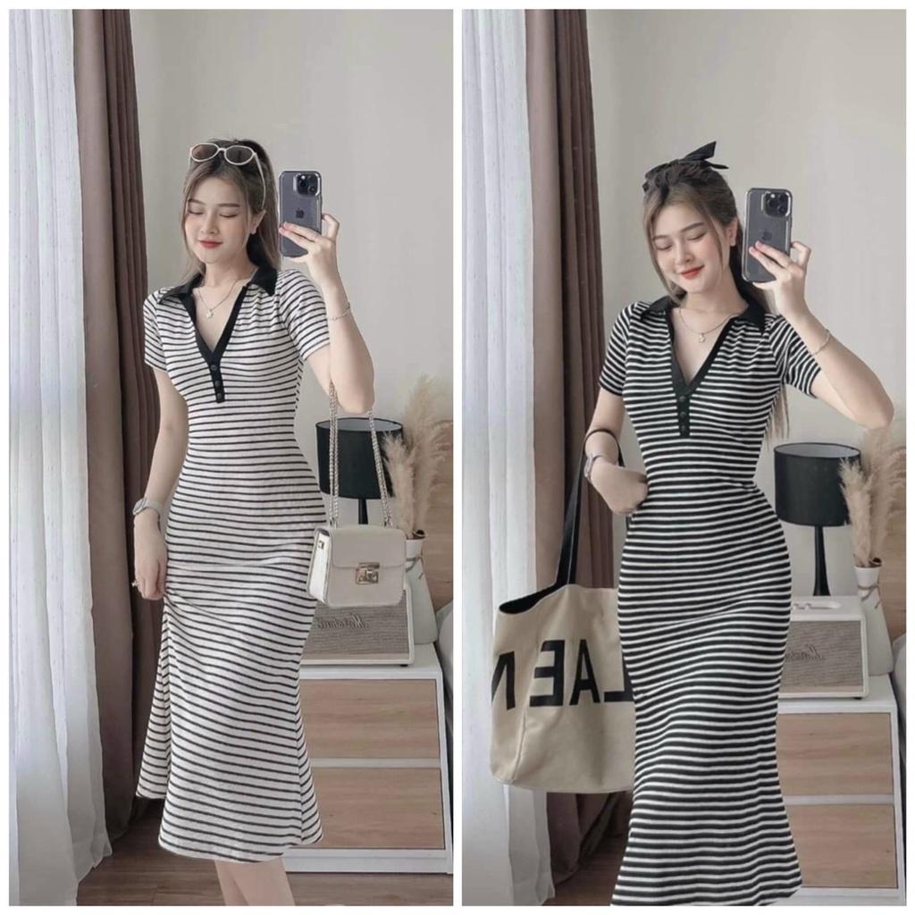 Váy đầm nữ body cổ sơ mi kẻ sọc chất thun gân co giãn mềm mại kiểu dáng sang chảnh quyến rũ