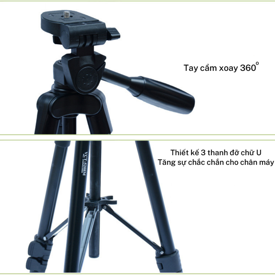 Chân Máy Ảnh, Tripod Chất Liệu Nhôm Cao Cấp - Gọn Nhẹ, Chắc Chắn [5208RM]