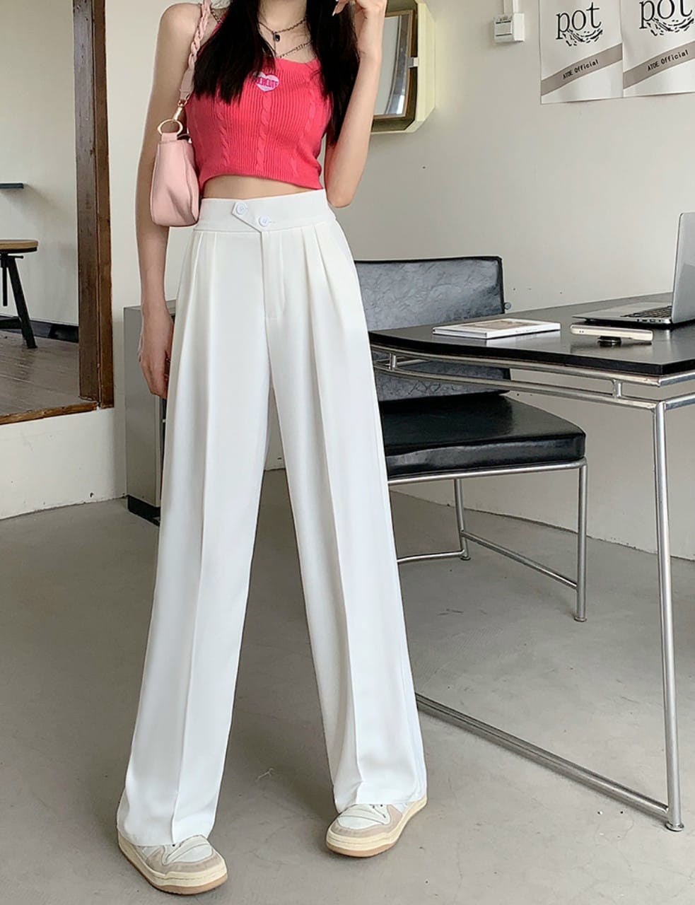 Quần culottes ống rộng suông dài, Quần tây lưng cao 2 cúc xéo chất dày cao cấp