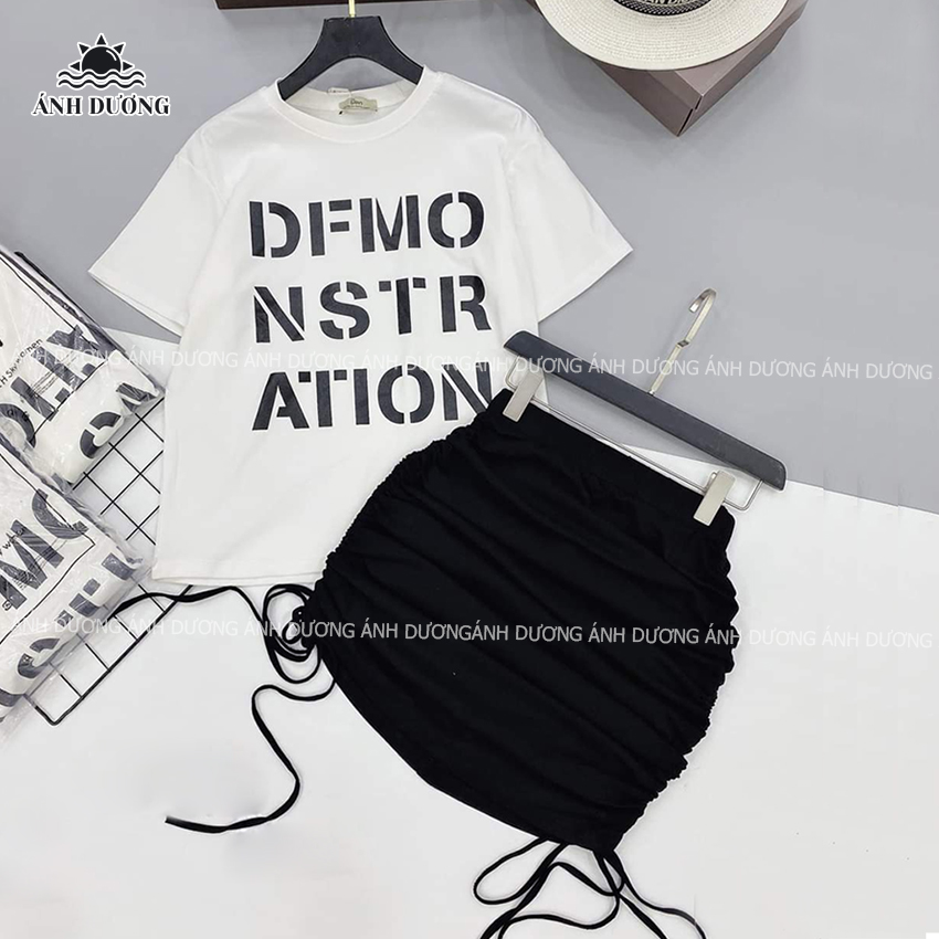 Set áo thun tay lỡ in chữ và chân váy rút dây vải thun cotton năng động mùa hè, set áo trắng và chân váy đen