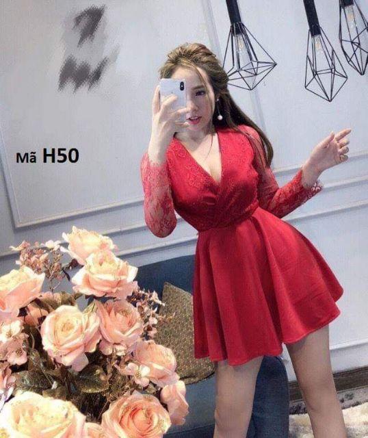 Đầm xòe tay dài phối ren mi