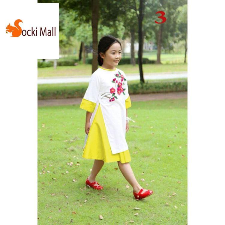 Thời trang trẻ em - Áo dài thêu hoa kết hợp váy bé gái duyên dáng