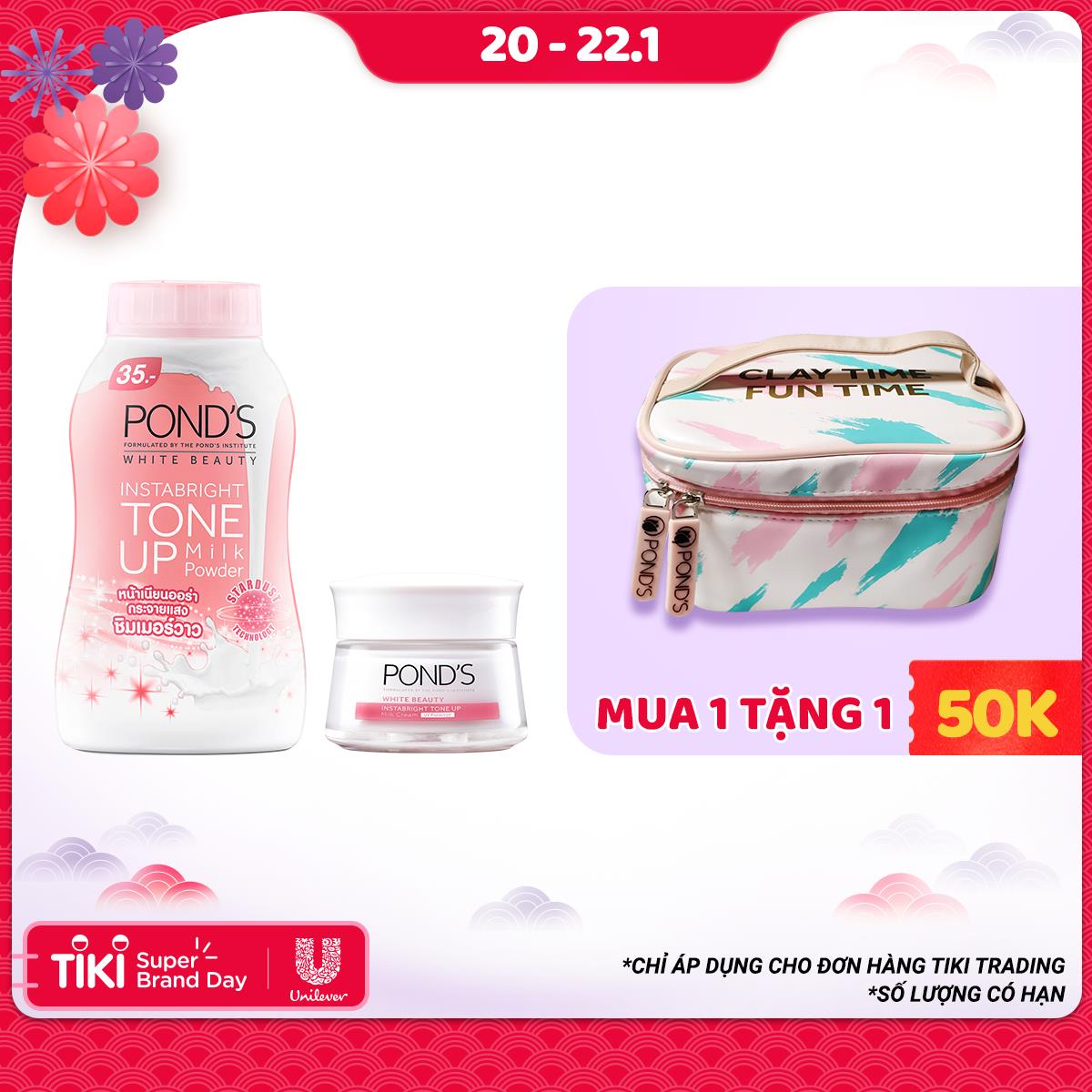 Combo Kem Sữa Dưỡng Trắng Nâng Tông Pond'S White Beauty (50g) + Phấn Phủ Nâng Tông Pond'S White Beauty (40g)